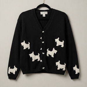 Vintage Scottie Dog Cardigan Black Knit V-Neck Sweater White Terrier Intarsia L